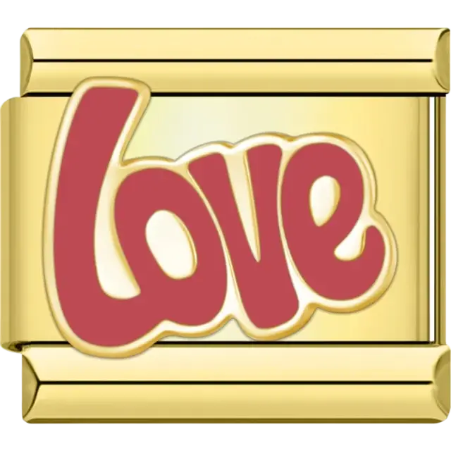Gold charm with the word "Love" in bold red lettering Italian charm bracelet link