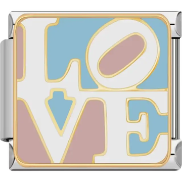 White "LOVE" text with light pink and light blue accents and gold outlines Italian charm bracelet link