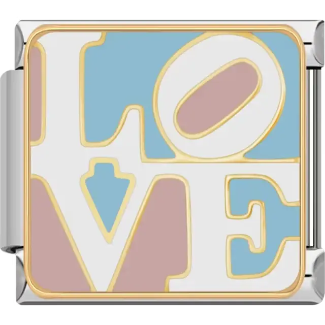 White "LOVE" text with light pink and light blue accents and gold outlines Italian charm bracelet link