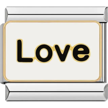 White background with black and gold “Love” text Italian charm bracelet link