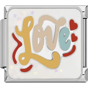 Colorful "Love" text with red hearts on a sparkly white background Italian charm bracelet link