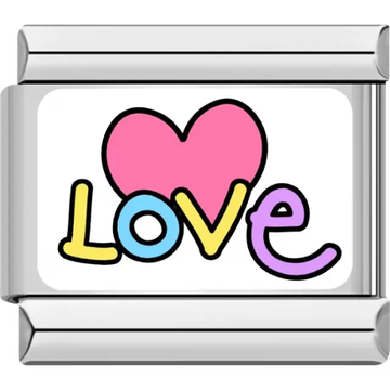 Multicolor "LOVE" text with a pink heart replacing the letter "O" Italian charm bracelet link