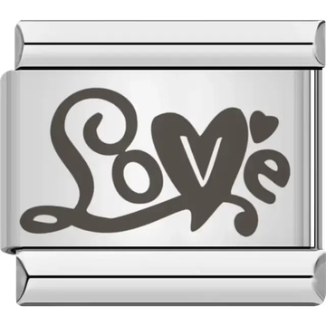 Black stylized text with heart accents spelling "Love" Italian charm bracelet link