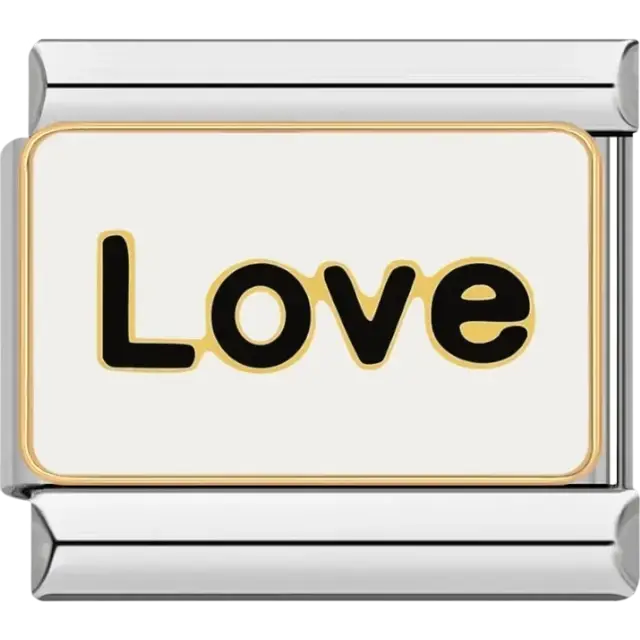 White background with black and gold “Love” text Italian charm bracelet link