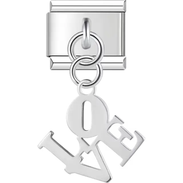 Word “LOVE” in dangling letters with linked design Italian charm bracelet link