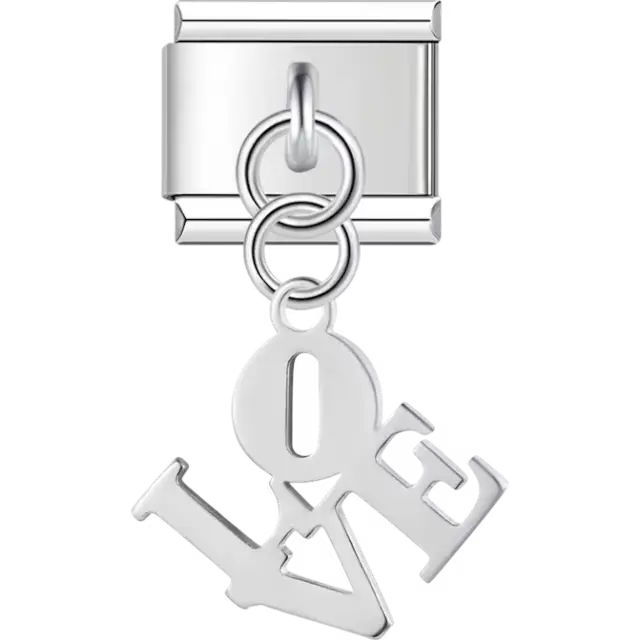 Word “LOVE” in dangling letters with linked design Italian charm bracelet link