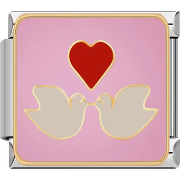 Pink background with white doves and red heart Italian charm bracelet link