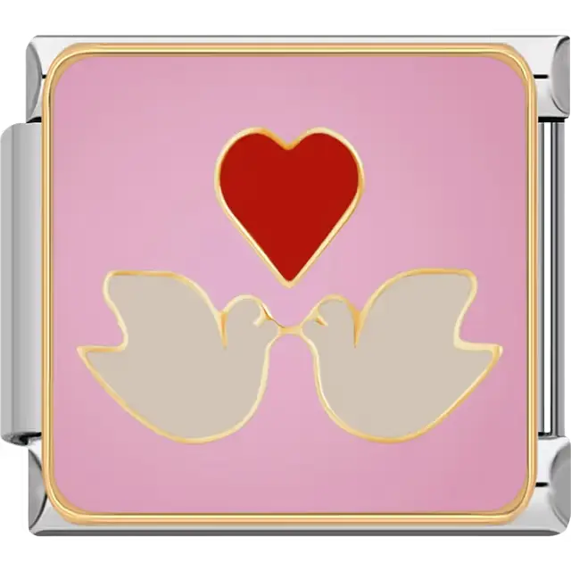 Pink background with white doves and red heart Italian charm bracelet link