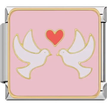 Two white doves facing each other with a red heart above them on a pink background Italian charm bracelet link