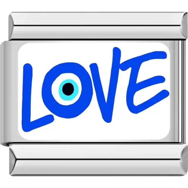 Blue "LOVE" text with evil eye design Italian charm bracelet link