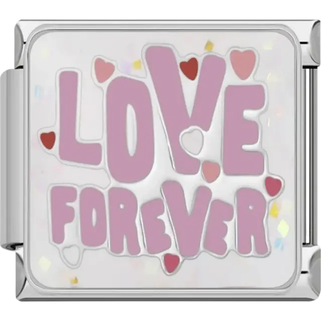 Pink “Love Forever” text with hearts Italian charm bracelet link