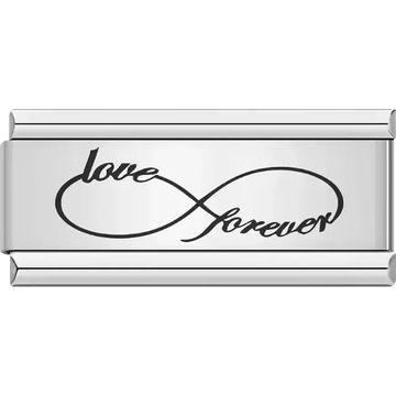 Black infinity symbol with cursive text "love forever" Italian charm bracelet link
