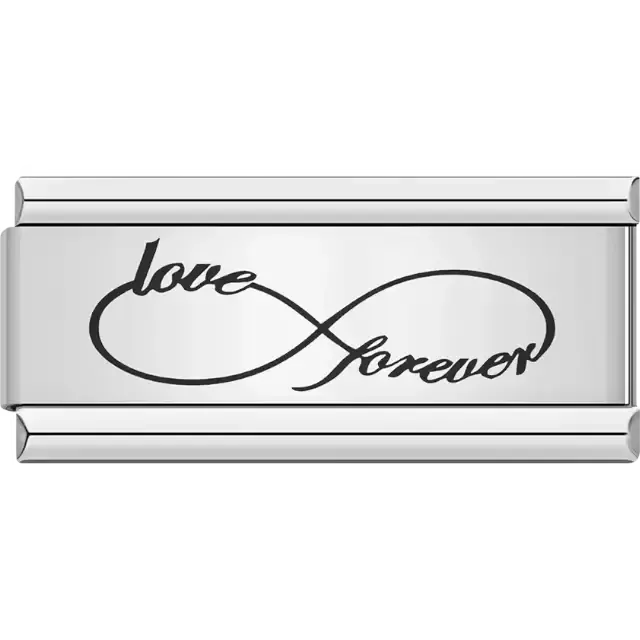 Black infinity symbol with cursive text "love forever" Italian charm bracelet link
