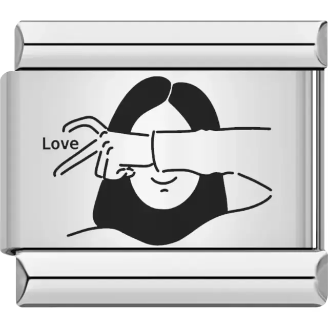 Black outline of a woman making a finger heart gesture with the word "Love" Italian charm bracelet link