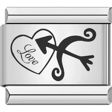 Black heart with the word "Love" pierced by a curved arrow Italian charm bracelet link