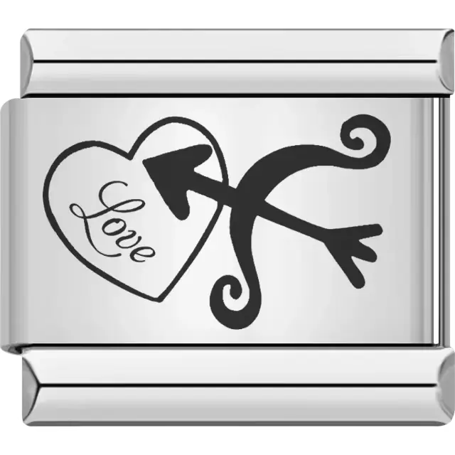 Black heart with the word "Love" pierced by a curved arrow Italian charm bracelet link