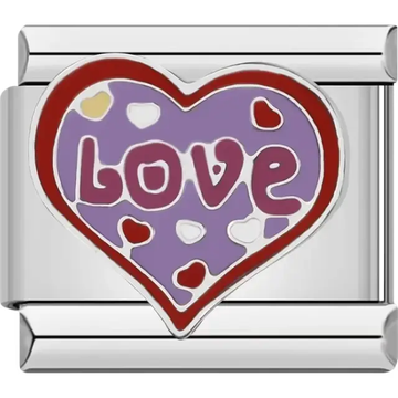 Purple heart design with "Love" text and red, white, and gold accents Italian charm bracelet link