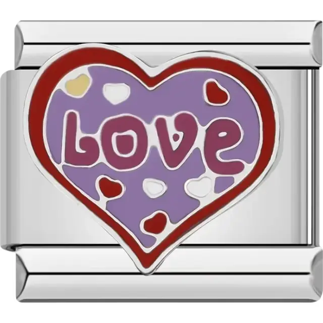 Purple heart design with "Love" text and red, white, and gold accents Italian charm bracelet link
