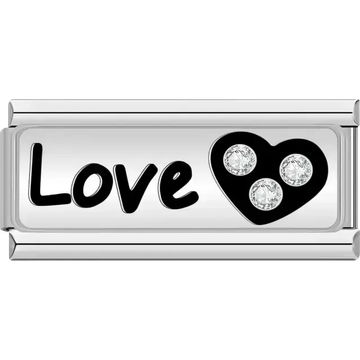 Black "Love" text with black heart and three white crystals Italian charm bracelet link