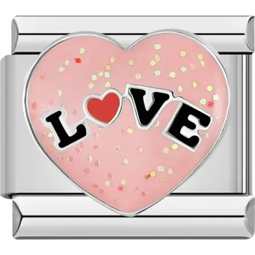 Pink heart with confetti details and "LOVE" text in bold lettering Italian charm bracelet link