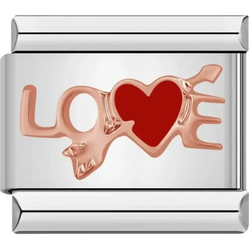 Rose gold "LOVE" text with red heart design Italian charm bracelet link
