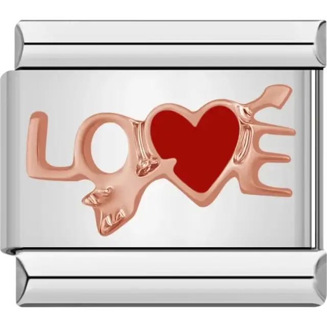 Rose gold "LOVE" text with red heart design Italian charm bracelet link