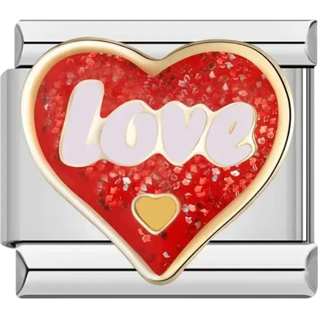 Heart with red glitter details white "Love" text and a small gold heart Italian charm bracelet link