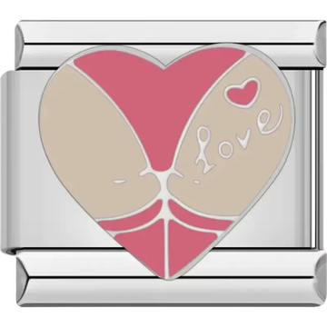 Pink and beige heart with white "Love" text and small red heart Italian charm bracelet link