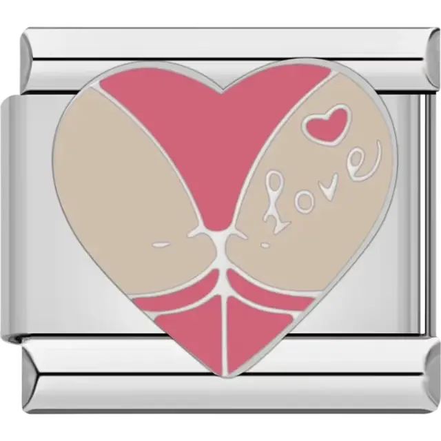 Pink and beige heart with white "Love" text and small red heart Italian charm bracelet link