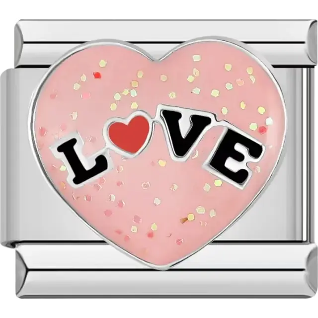 Pink heart with confetti details and "LOVE" text in bold lettering Italian charm bracelet link