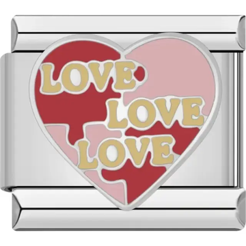 Pink and red heart with three gold "LOVE" texts Italian charm bracelet link
