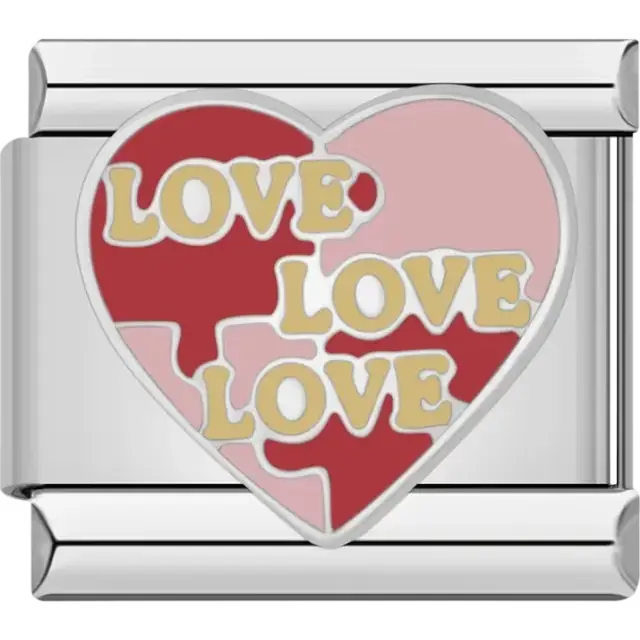Pink and red heart with three gold "LOVE" texts Italian charm bracelet link