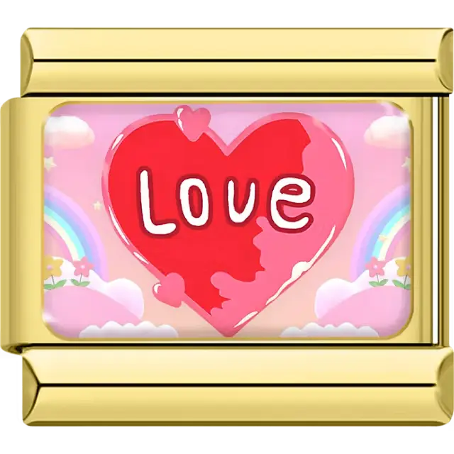 Red heart with white "love" text pink rainbow background Italian charm bracelet link