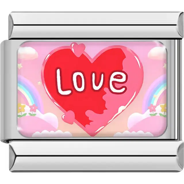 Red heart with white "love" text pink rainbow background Italian charm bracelet link
