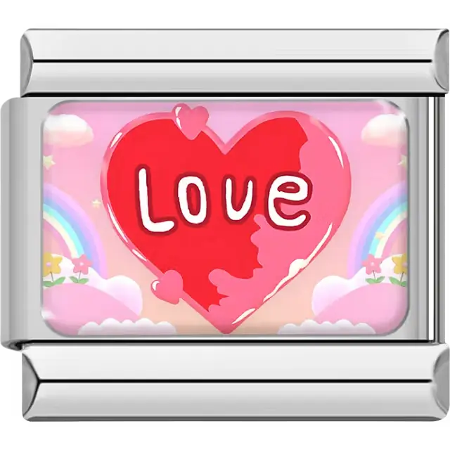 Red heart with white "love" text pink rainbow background Italian charm bracelet link
