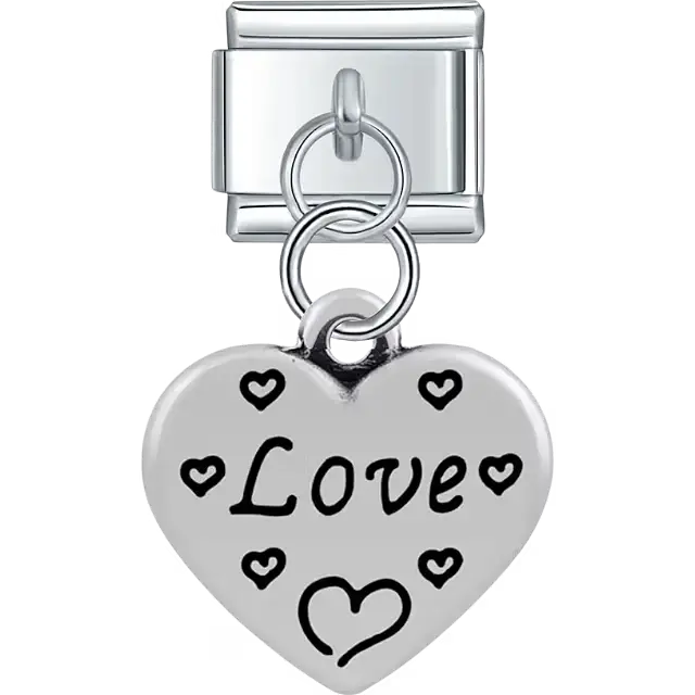 Heart with "Love" text small heart symbols outline dangle Italian charm bracelet link