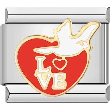 Red heart charm with the words "LOVE," a white dove, and a gold outline Italian charm bracelet link