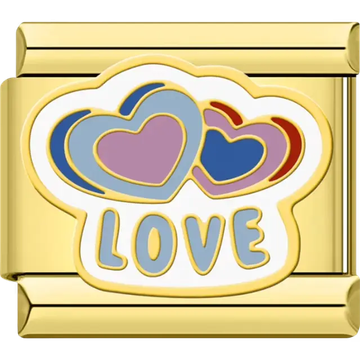 Colorful layered hearts in blue, pink, and red with the word "LOVE" in bold letters Italian charm bracelet link