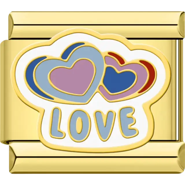 Colorful layered hearts in blue, pink, and red with the word "LOVE" in bold letters Italian charm bracelet link