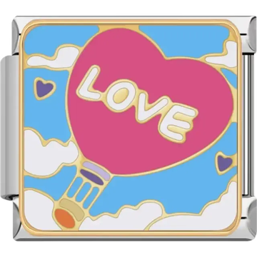 Pink heart-shaped hot air balloon with the word "LOVE," surrounded by white clouds and a blue sky Italian charm bracelet link