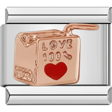 Rose gold juice box with “LOVE 100%” text and red heart design Italian charm bracelet link