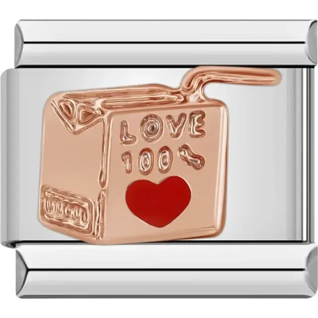 Rose gold juice box with “LOVE 100%” text and red heart design Italian charm bracelet link