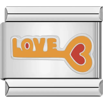 Yellow key with the word "LOVE" and a red heart design Italian charm bracelet link