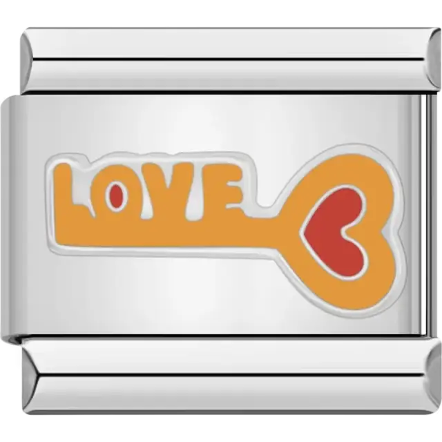 Yellow key with the word "LOVE" and a red heart design Italian charm bracelet link