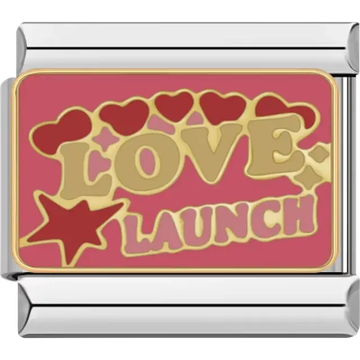 "LOVE LAUNCH" design with red hearts, a star, and gold accents on a pink background Italian charm bracelet link