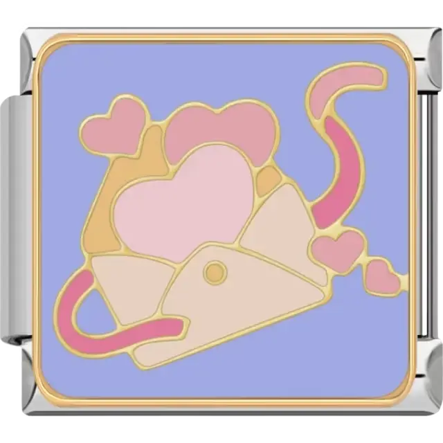 Open envelope with pink hearts spilling out on a purple background Italian charm bracelet link