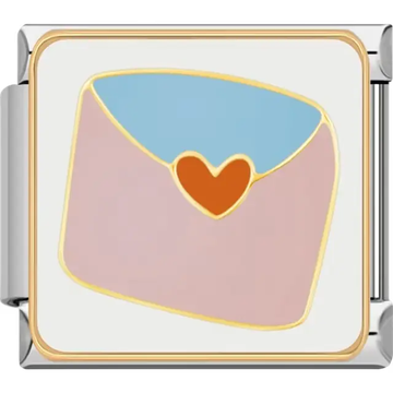 Pink and blue envelope with an orange heart seal Italian charm bracelet link