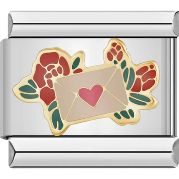 Envelope with heart and floral details Italian charm bracelet link