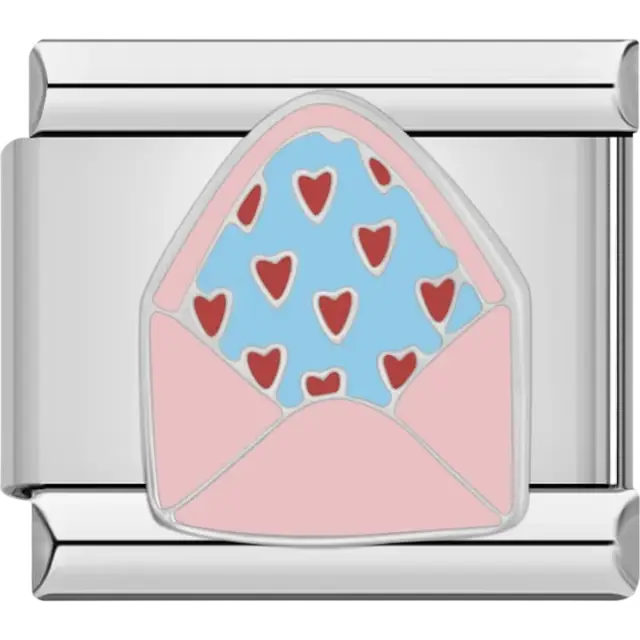 Pink envelope with a blue insert covered in red hearts Italian charm bracelet link