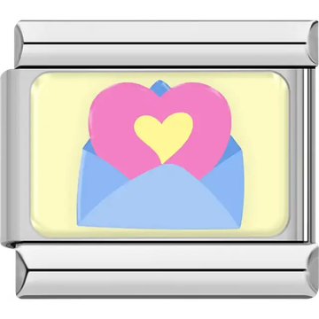 Pink heart in blue envelope on yellow background Italian charm bracelet link